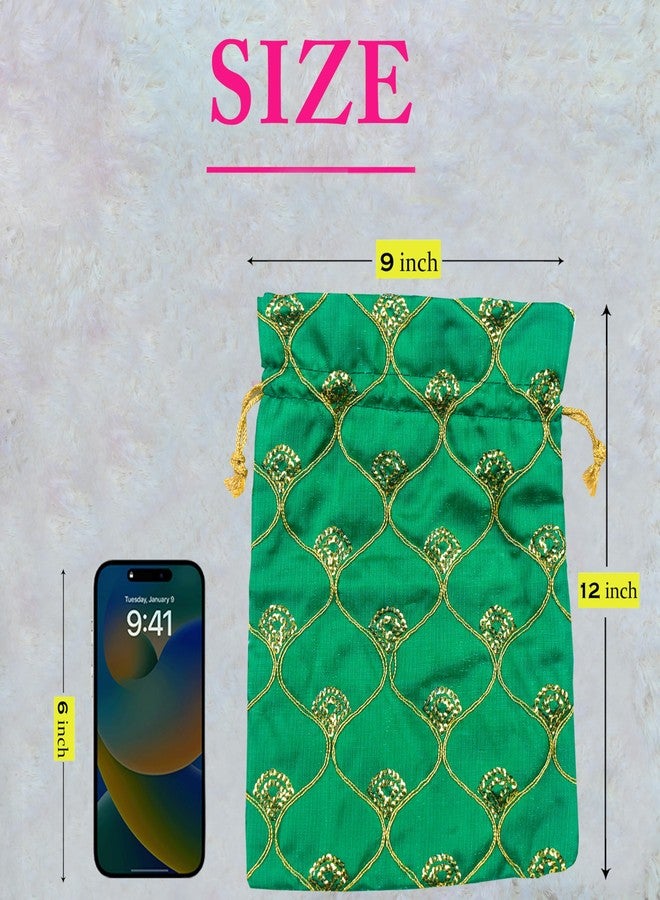 Dulhan Set of 10 Small Size Silk Fabric JHAROKHA Potli Bags for Return Gifts with embroidered Heavy Sequin Work, Green ethnic potli jewelry bag for karvachauth Women Handbag 9 x 12 inches - Image 2